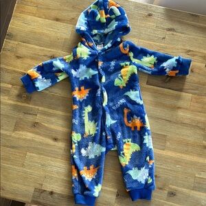 Kids Dinosaur Print Blue Hooded One Piece